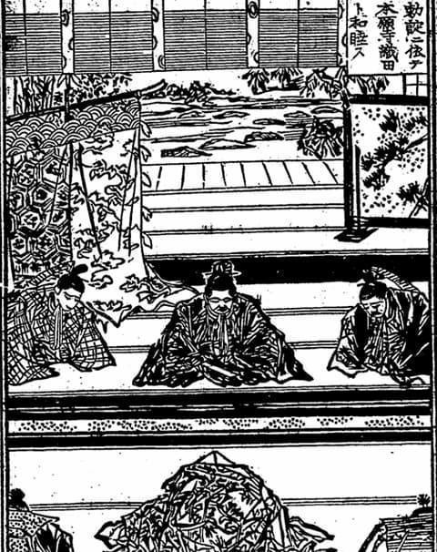 信長に屈し、和睦する本願寺（『絵本石山軍記』より。出典：国会図書館デジタルコレクション）