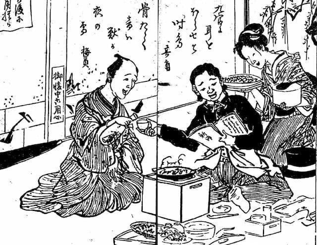明治維新の頃の牛鍋屋店内の様子（『安愚楽鍋』より。出典：国立国会図書館デジタルコレクション）