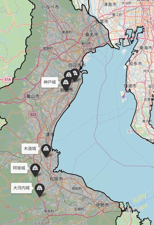 伊勢攻略における主な城の位置（※戦国ヒストリー編集部作成。© OpenStreetMap contributors）