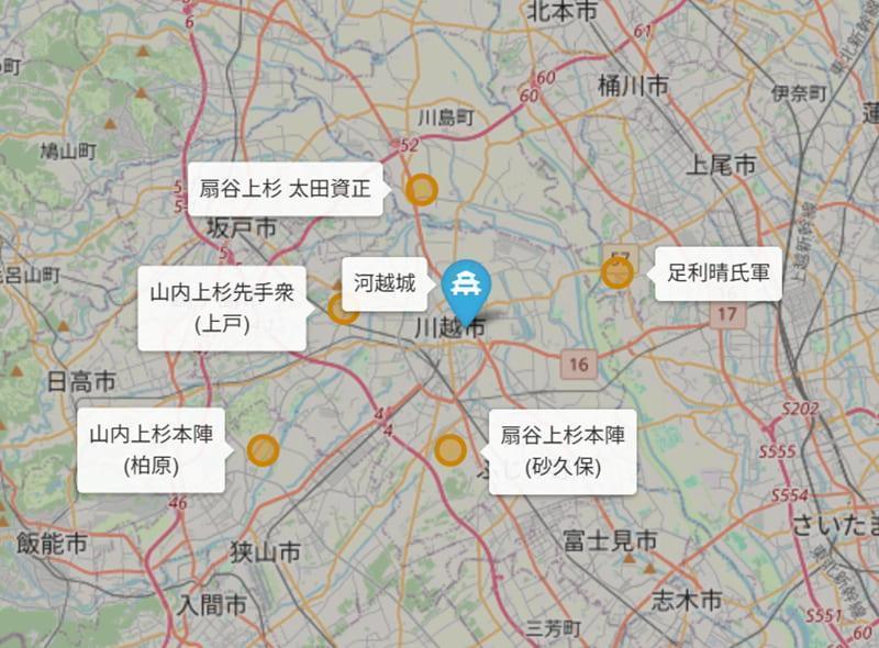 河越夜戦マップ。河越城周辺の丸にオレンジは敵の陣所(© OpenStreetMap contributors)