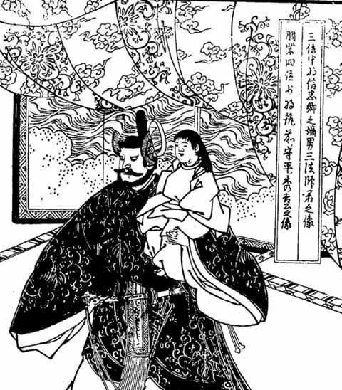 三法師を担ぎだす秀吉（『絵本太閤記』より。出典：国立国会図書館デジタルコレクション）