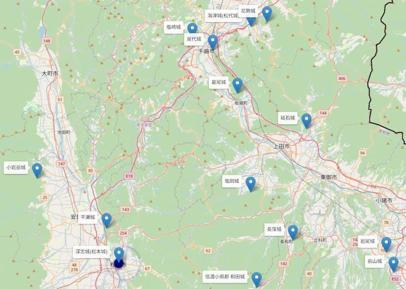 信濃国の武田支配の城（一部）。深志城、平瀬城、海津城など（Leaflet | © OpenStreetMap contributors）