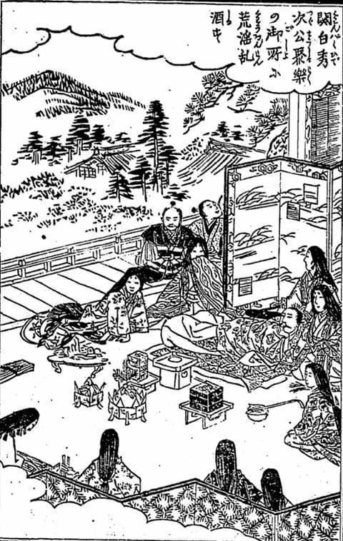 聚楽第での秀次を描いたもの（『関ケ原軍記』より。出典：国立国会図書館デジタルコレクション）