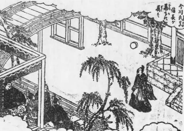 信長の前で蹴鞠を披露する氏真（『絵本太閤記』より。出典：国立国会図書館デジタルコレクション）