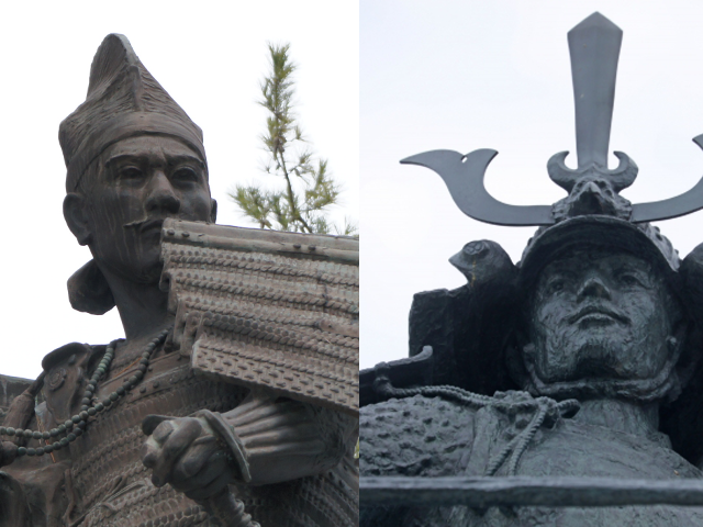 桶狭間出陣時（当時27歳）の姿を模した信長像（左）と、徳川改姓時（当時25歳）の姿を模した家康像（右）。画像は写真ACより