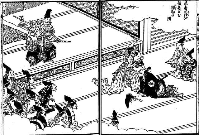 信長の怒りに触れて饗応役を解任。食い下がって森蘭丸に殴られるシーン（『絵本太閤記』より。出典：国立国会図書館デジタルコレクション）