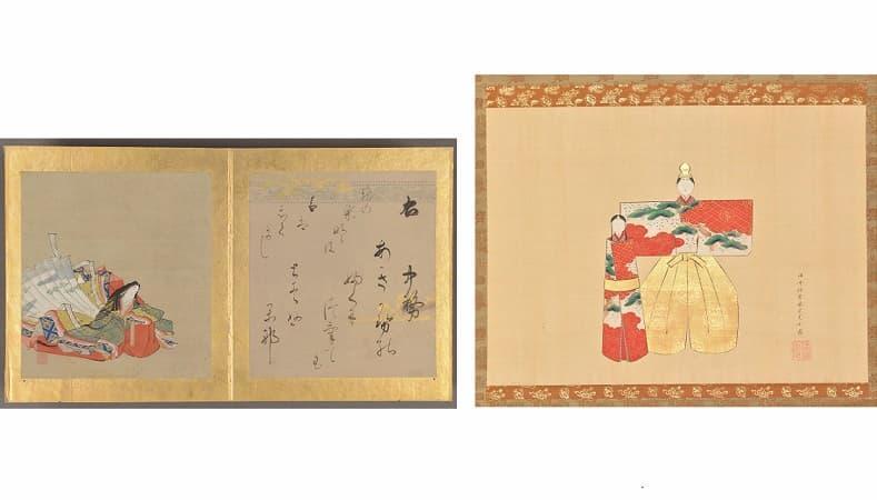 【左】狩野柳雪 三十六歌仙画帖 伊勢(岡田典子氏寄贈) 【右】立雛図 佐香貫古筆(徳島城博物館蔵)